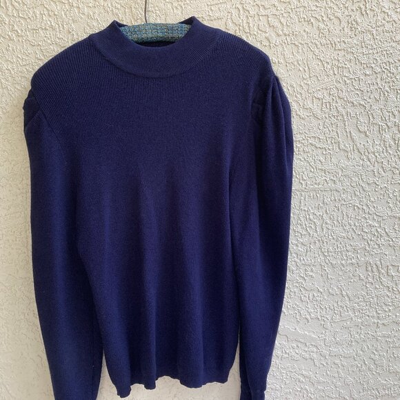 NAVY PUFF SLEEVE SWEATER SZ L Mock Turtleneck Long Sleeve Cielo Women - Picture 1 of 6